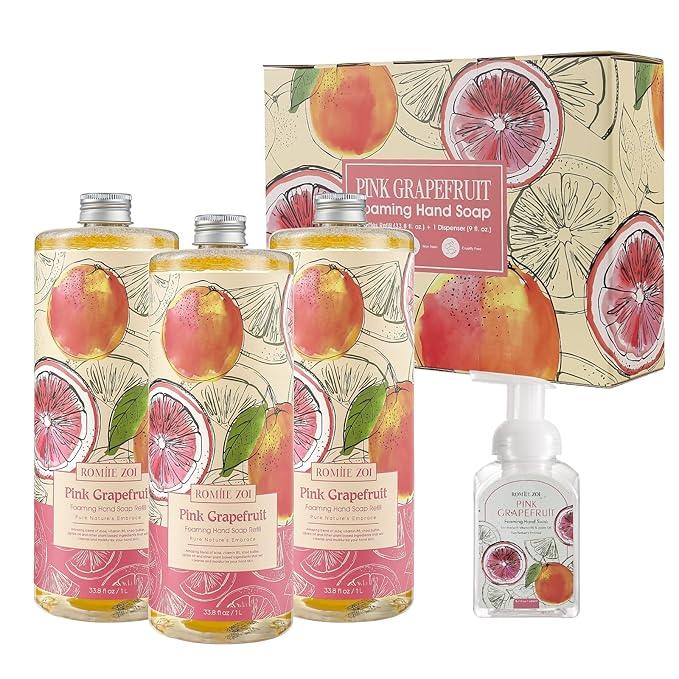 ROMIIE ZOI Foaming Hand Soap Refill Gift Set – 3 Pack *33.8 Fl Oz with Dispenser, Pink Grapefruit Scent–Moisturizing, Biodegradable & Chemical-Free Formula for Bathroom, Kitchen, Sensitive Skin - ModernBath