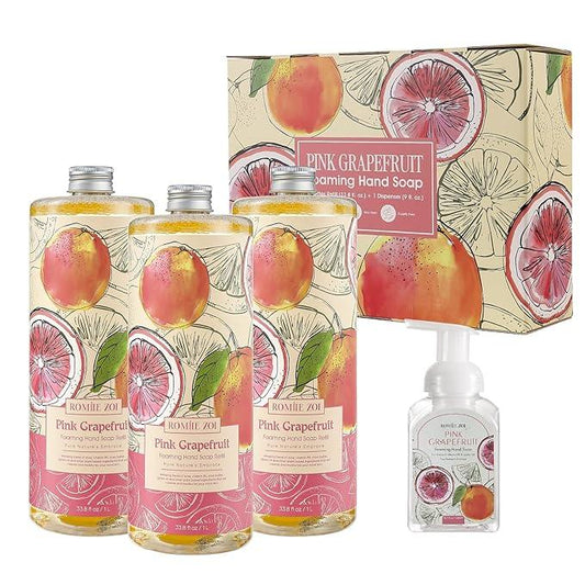 ROMIIE ZOI Foaming Hand Soap Refill Gift Set – 3 Pack *33.8 Fl Oz with Dispenser, Pink Grapefruit Scent–Moisturizing, Biodegradable & Chemical-Free Formula for Bathroom, Kitchen, Sensitive Skin - ModernBath