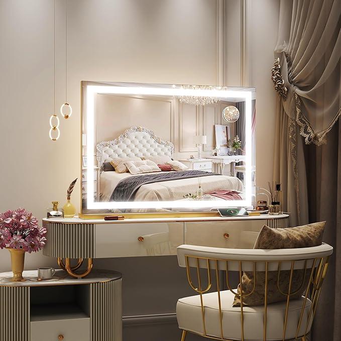 ROLOVE Vanity Mirror with Lights, 32" x 22" Large Lighted Vanity Mirror with Dimmable 3 Modes, LED Makeup Mirror, 10X Magnification, USB Charging Port, Tabletop or Wall-Mounted Square Gold - ModernBath