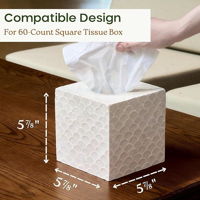 CHI AN HOME 5.8” Capiz Tissue Box Cover, Square Decorative Tissue Holder with Bottom Slider, Handmade Bathroom Accessories, Elegant White Cube for Vanity, Bedroom, Office & Coastal Décor (Natural) - ModernBath