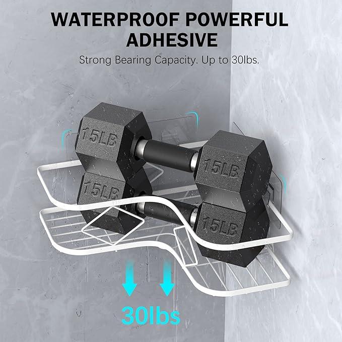 Shower Caddy, 2 Pack Corner Organizer Shelf, Rustproof Wall Mount Shower Storage Rack, No Drilling, 40 lbs Capacity (Glossy White) - ModernBath