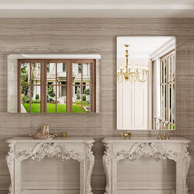 JISOSO Brushed Nickel Bathroom Mirror 48x30 Inch, Brushed Silver Metal Frame Mirror Wall Mounted, Rounded Rectangle Bathroom Vanity Mirror, Tempered Glass, Anti-Rust, Horizontal/Vertical - ModernBath