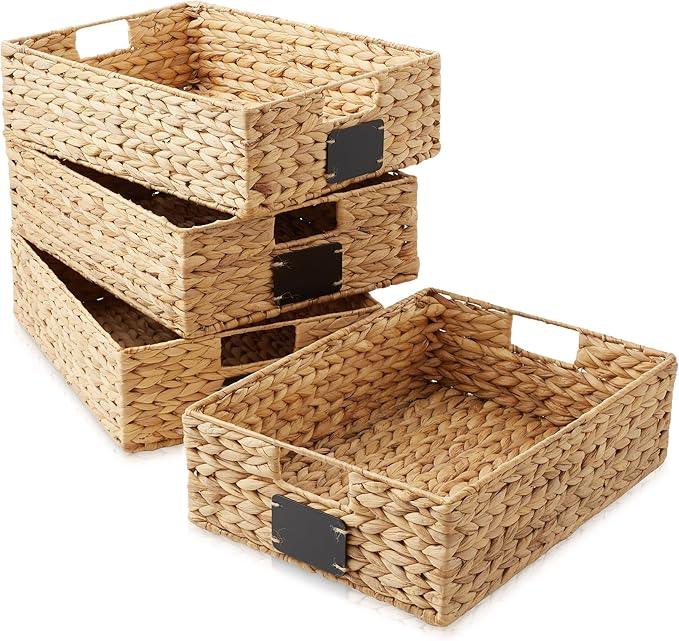 Casafield Set of 4 Water Hyacinth Pantry Baskets, 12-1/2" x 17" x 5", with Chalkboard Labels and Chalk Marker - Natural, Woven Storage Bin Organizers for Kitchen Shelves - ModernBath