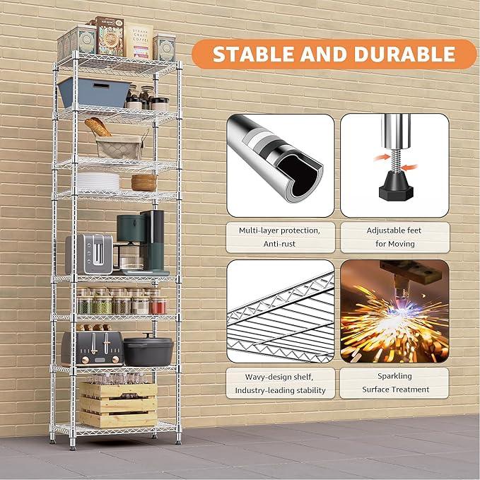 8 Tier 2000 lbs Storage Rack Metal Wire Shelving Unit, Storage Standing Shelf Organizer for Laundry Bathroom Kitchen Pantry Closet Garage Utility Room, Chrome 13.8" D x 23.6" W x 79.5" H - ModernBath