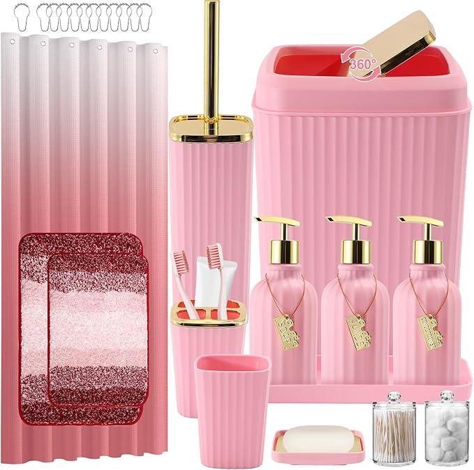 WSBArt 32PCS Bathroom Set Bathroom Sets with Shower Curtain and Rugs Pink Bathroom Accessories,Shower Curtain Set,Bathroom Rug Set with Bathroom Trash Can - ModernBath