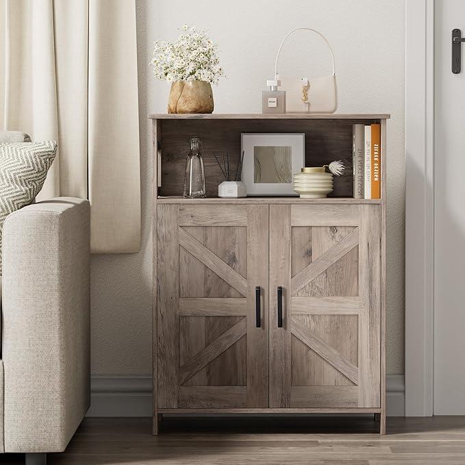 Homhedy Farmhouse Bathroom Storage Cabinet with 2 Doors, Toilet Paper Cabinet with Adjustable Shelves, Small Bathroom Cabinet for Kitchen/Laundry/Living Room, 11.8 x 23.6 x 31.5 Inches, Greige - ModernBath
