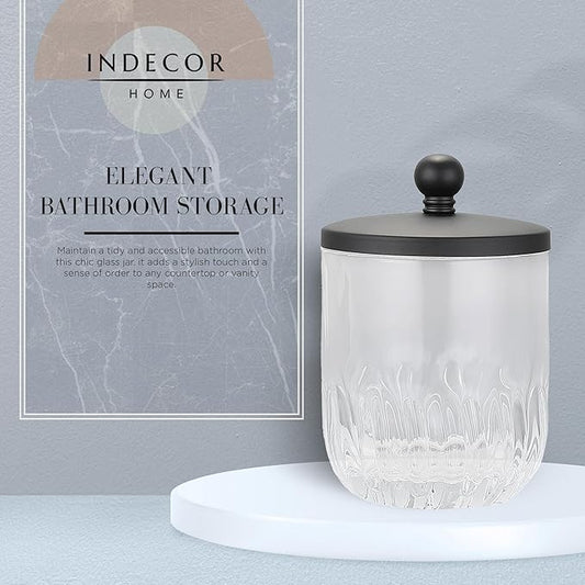 Indecor Home Glass Jar with Metal Lid for Bathroom Organization, Clear Apothecary Jar for Cotton Balls, Q Tips, and Small Accessories, Stylish Bathroom Storage Container Black