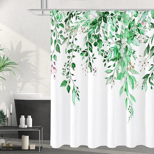 Gibelle Extra Long Shower Curtain 72 x 84, Emerald Green Floral Shower Curtain for Bathroom, Watercolor Plant Eucalyptus Leaves Fabric Shower Curtain Set - ModernBath