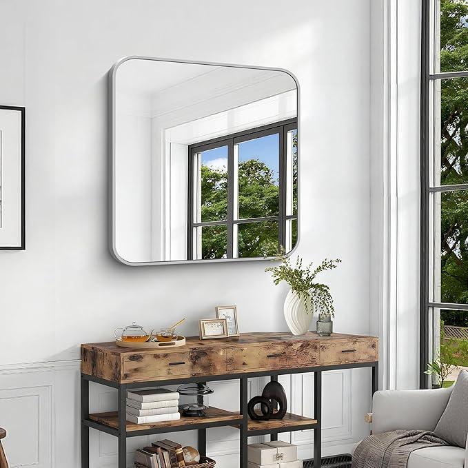CIVENO Silver Bathroom Mirror, 36 x 36 Inch Square Mirrors for Wall, Aluminum Metal Framed Vanity Mirror, Rounded Corner Wall Mounted Mirror for Over Sinks Living Room Bedroom Entryway - ModernBath
