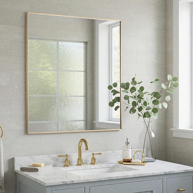 LEDLUX 30x36 Inch Gold Bathroom Mirror - Copper-Free Mirror, Aluminum Alloy Frame Vanity Rectangle Wall Mounted Modern Mirror for Bedroom/Living Room/Porch Horizontal or Vertical - ModernBath