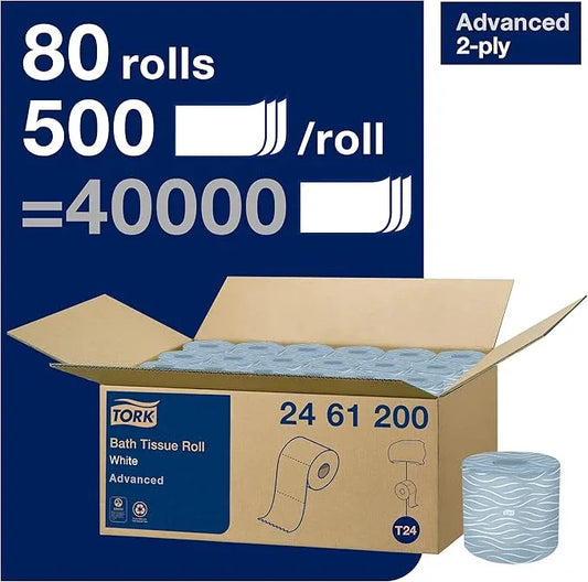 Tork Advanced Toilet Paper Roll, White, Compatible with T24 Dispensers, 2-ply, Soft Tissue, 80 rolls x 500 sheets (2461200) - ModernBath