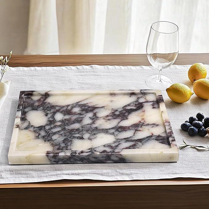 YMXYJM 100% Real Luxury Natural Marble Vanity Tray Genuine Calacatta Viola Marble Stone Storage Trays for Home Decor Bathroom Vanity Dresser Kitchen, Non-Resin/Non-Ceramic, 11.7" x 7.8" - ModernBath