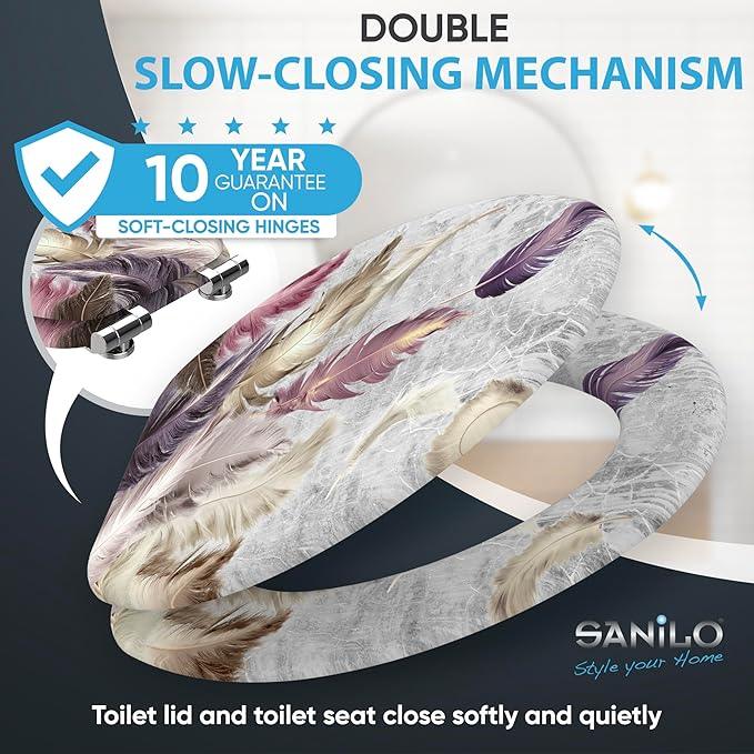 SANILO Wooden Toilet Seat with Soft Close [ELONGATED] - Decorative, Quiet & Slow Close Molded Wood Seat - With Strong Bumpers & Hinges - Adjustable Fit - Feathers - ModernBath