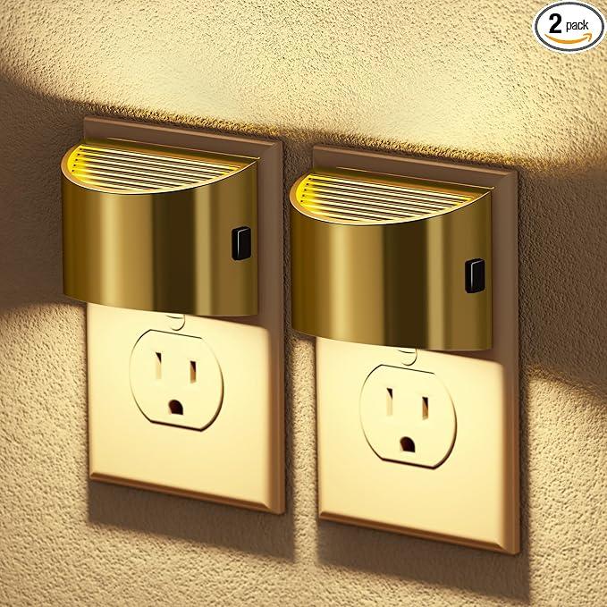 JandCase LED Night Lights Plug into Wall, 2 Pack Gold Modern Night Lights, Dusk to Dawn Sensor Nightlight,0-100LM Brightness Adjustable, 3000K Soft White - ModernBath