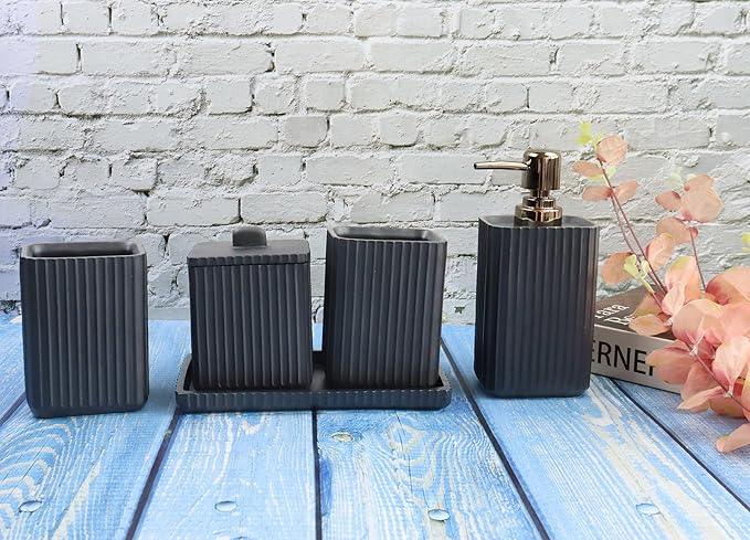 Hymmah Black Bathroom Accessories Set,Unique Design Bathroom Set 5 Pcs Resin Gift Set Apartment Necessities, Contain Cotton Swab Jar,Soap Dispenser,Soap Dish/Tray,Tumbler - ModernBath