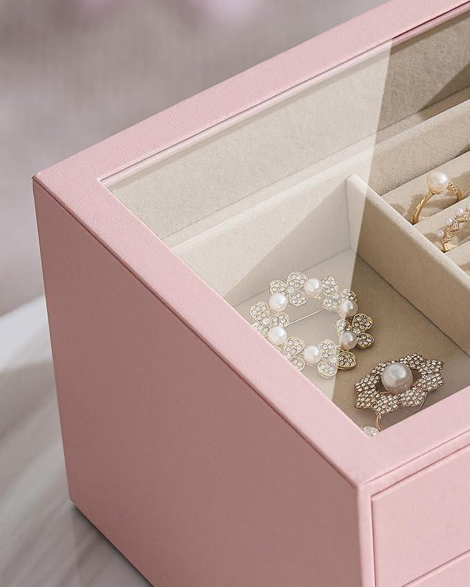 pickpiff Jewelry Box Organizer Case for Women: 4-Layer Jewelry Storage Case with Glass Window, Pink Leather with Velvet Holder for Ring Necklace Bracelet Brooch Watch, Great Gift for Her - ModernBath