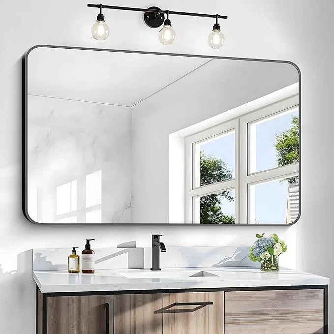 BONEWEI 30x48 inch Bathroom Mirror,Black Rectangle Mirror,Wall Mounted Bathroom Frame Vanity Mirror with Round Corner for Bedroom Living Room, Entryway Hangs Horizontal or Vertical - ModernBath