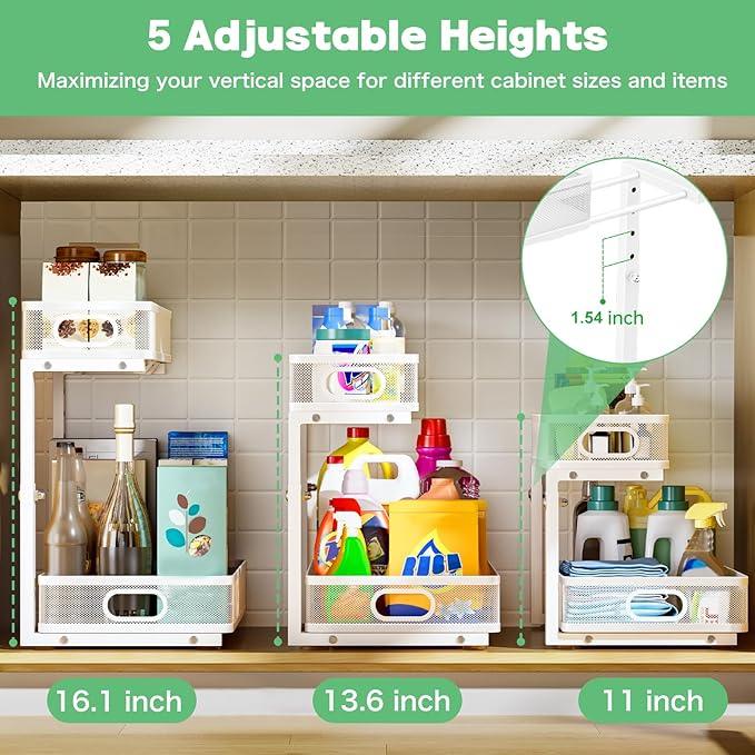 Under Sink Organizer, High Adjustable 2 Tier Under Sink Organizers and Storage, Slide Out Metal Cabinet Organizers, Pull Out Sink Storage Drawer Shelf for Kitchen Bathroom Cabinet, White, 2 Pack - ModernBath