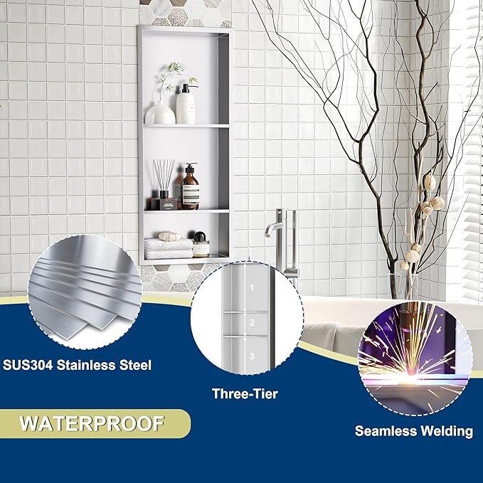 Qeke Stainless Steel Shower Niche 12" X 29", No Tile Needed Wall Niche Three-Tier, Recessed Shower Shelf for Bathroom Storage, Brushed Nickel - ModernBath