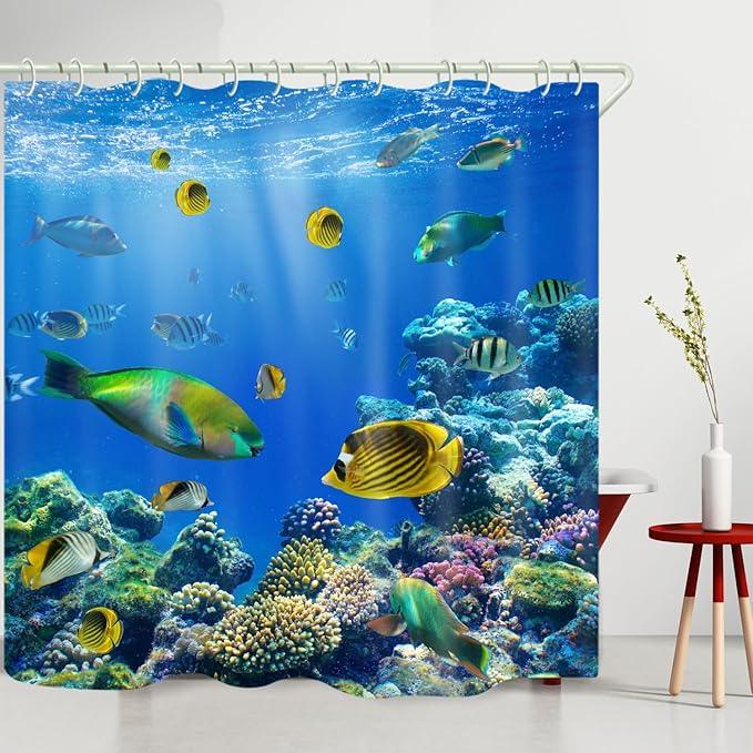 LYFANS Bathroom Uses Underwater World 3D Shower Curtains, Luxurious Bathtub Waterproof Shower Curtain, Bright Fabric Shower Curtains, Including 12 White Hooks, Size (59x72 inches) - ModernBath