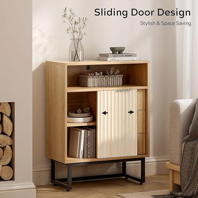 Fluted Bathroom Floor Cabinet with Sliding Door, Modern 3 Drawers Storage Organizer with Black Metal Base Adjustable Shelf Wood Storage Cabinet Freestanding for Bathroom Kitchen Dining Room - ModernBath