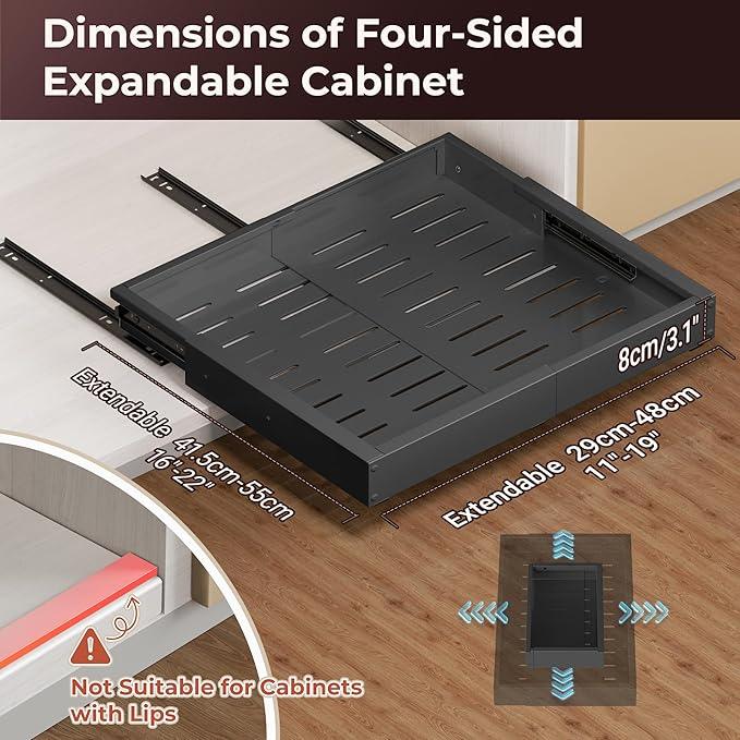 2 Pack Pull Out Cabinet Organizer, Drawers Slide Out Expandable Width (12"-19") and Depth (17"-23") With 3 Slides, Fixed with Adhesive Film and Nail for Cabinets in Kitchen, Pantry or Bathroom - Black - ModernBath