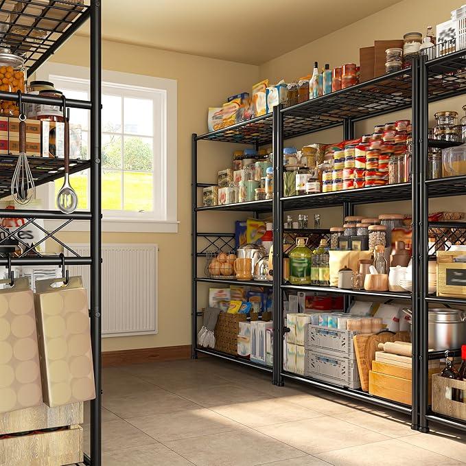 Storage Shelves 4-Tier Large Capacity Metal Shelving with Hooks, Heavy Duty Garage Shelving Unit with Leveling Feet, Stable Metal Shelves for Pantry, Kitchen and Closet,36" W x 12" D x 60" H, Black - ModernBath