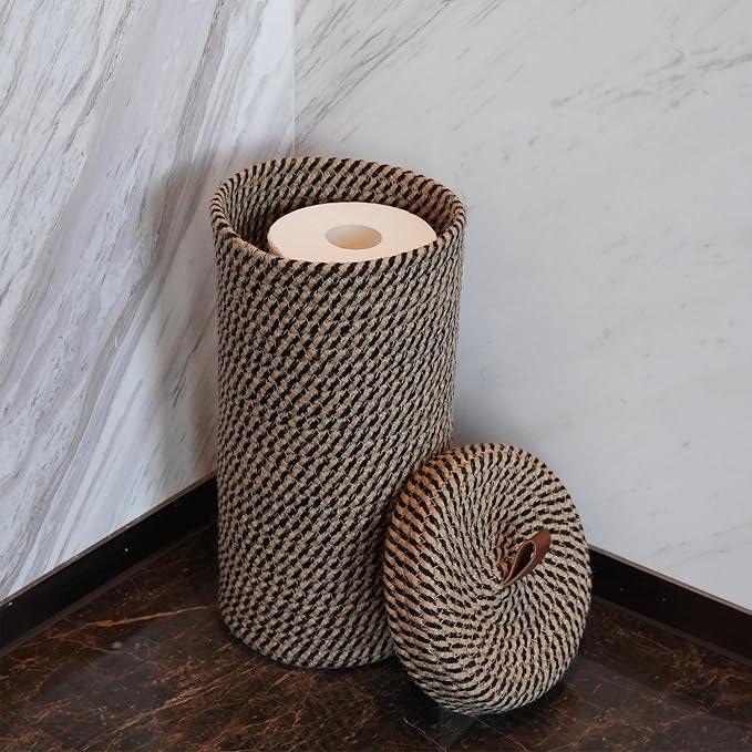 Handmade Cotton & Jute Toilet Paper Holder – Woven Toilet Paper Stand & Storage Basket with Lid, Freestanding Organizer for Bathroom, Fits 3 Rolls - ModernBath