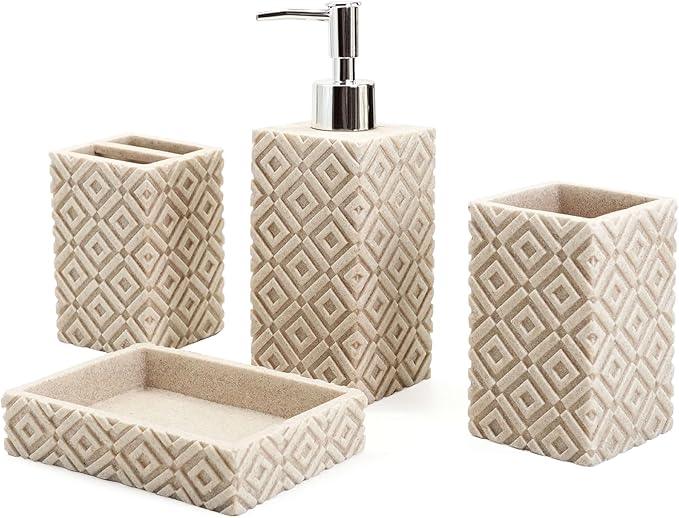 SEICASAYA 4-Piece Bathroom Accessory Set – Modern Resin & Sandstone Vanity Organizer, Vintage Texture Lotion Dispenser, Toothbrush Holder, Tumbler, Soap Dish (Beige) - ModernBath