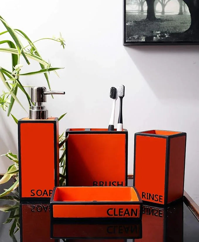 Hymmah Bathroom Accessories Set,Toothbrush Holder,Farmhouse Bathroom Decor,4 Pcs Resin Gift Set Apartment Necessities, Contain Toothbrush Cup,Soap Dispenser,Soap Dish,Tumbler Orange - ModernBath