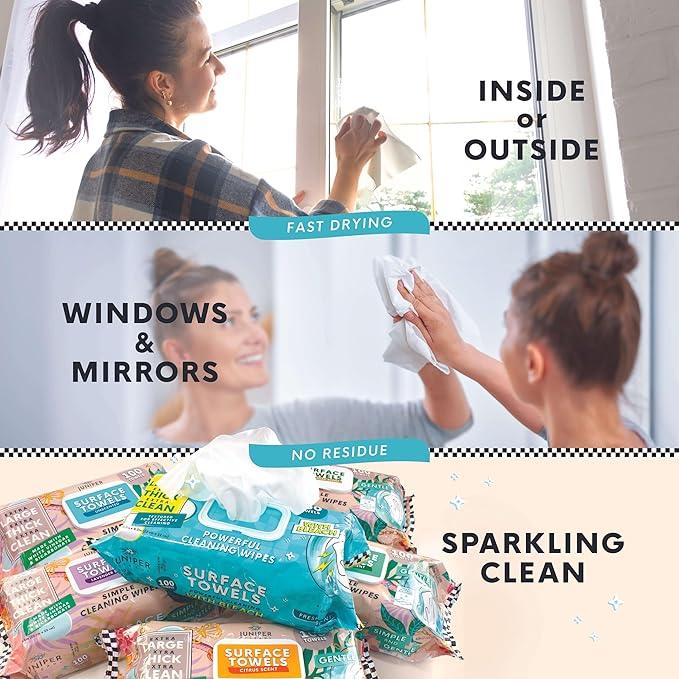 Juniper CLEAN 3 Packs Surface Cleaning Wipes, Thick & Large Dispose, All-Purpose Cleaner for Bathroom, Kitchen, Office, 300 Count Soft Flow, Biodegradable, White Soap Scent - ModernBath