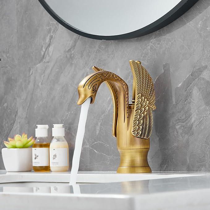 GGStudy Bathroom Faucet Antique Brass Swan Single Handle One Hole Bathroom Vanity Faucet Basin Tap Deck Mount Lavatory - ModernBath