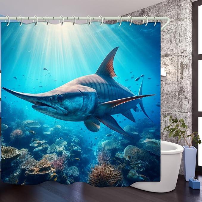 LYFANS Bathroom Using Undersea Swordfish 3D Shower Curtains, Luxury Bathtub Standard Shower Curtain, Waterproof and Bright Fabric Shower Curtain, Size (72x72 Inches) - ModernBath