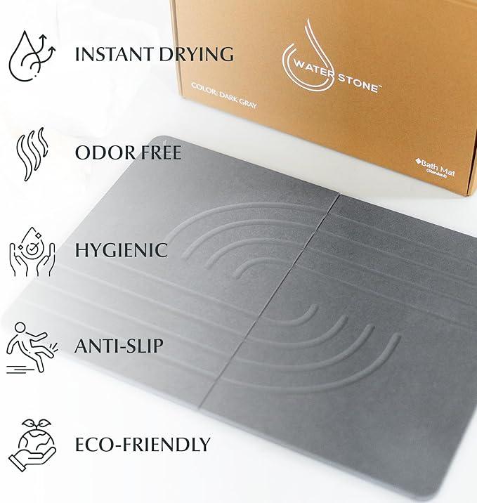 Water Stone Bath Mat, Quick-Dry Bathroom Rug, Gray Standard Size (27.5" x 19.6"), Eco-Friendly, Non-Slip, Absorbent, Modern Design for Safe & Clean Bathroom Floor - ModernBath