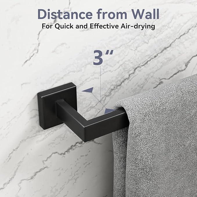 Matte Black Towel Bar, 24 Inch Bathroom Towel Rack, Towel Holder Wall Mounted, Square Base Thicken SUS304 Stainless Steel Towel Rod Modern Home Decor (Total Length 26-Inch) - ModernBath