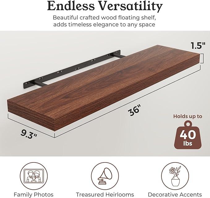 Floating Shelves for Wall, Wall Mounted Rustic Wood Shelves for Bathroom, Bedroom, Living Room, Kitchen, Hanging Shelf for Books/Storage/Room Decor (Walnut, 36") - ModernBath