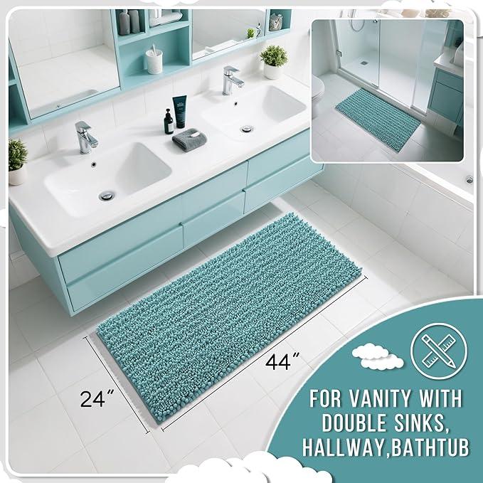 Yimobra Long Bathroom Rugs Non Slip Washable 44x24 Inch - Ultra Soft Absorbent Chenille Bath Mat, Quick Dry Shaggy Floor Carpet for Tub Shower, Teal Blue Home Decor Accessories - ModernBath