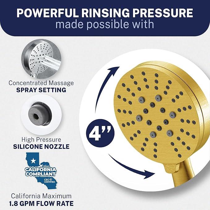 HammerHead Showers® Solid Metal 3-Spray Handheld Shower Head with Long Hose and Holder - BRUSHED GOLD - WIDE, MASSAGE, and MIST Sprays - 1.8 GPM Low Flow Handheld Showerhead - Water Saving Shower Head - ModernBath