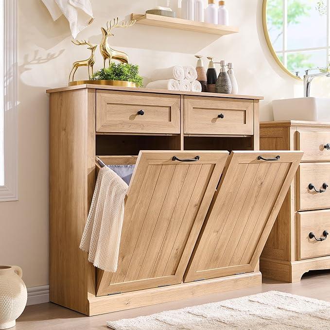 Double Tilt Out Laundry Hamper Cabinet, 20 Gallon Farmhouse Trash Can Cabinet with Drawer, Hidden Wood Garbage Can Bin Cabinets with Laundry Storage Basket for Bathroom, Kitchen (Natural) - ModernBath