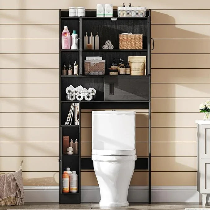 ChooChoo Over The Toilet Storage Cabinet, Farmhouse Bathroom Shelf Over Toilet with Adjustable Shelves, Above Toilet Storage Cabinet with Sliding Door for Bathroom, Laundry Room, Black - ModernBath