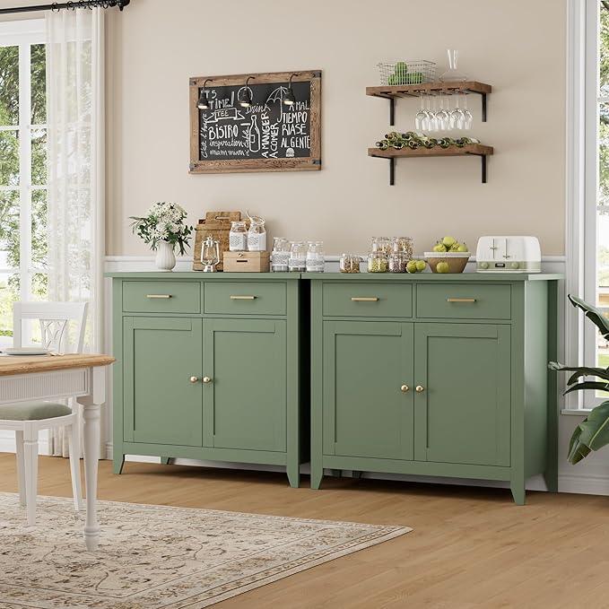 HORSTORS Kitchen Storage Cabinet, Modern Farmhouse Buffet Cabinet with Storage, Coffee Bar with 2 Drawers and 2 Doors, Floor Sideboard Buffet for Living Room, Dining Room, Bathroom, Green - ModernBath
