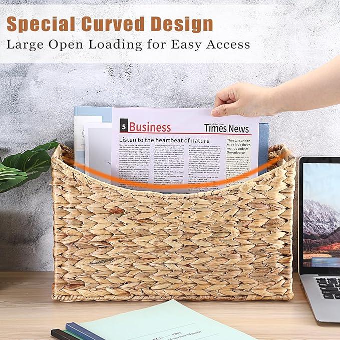BTSKY Woven Magazine Holder, Water Hyacinth Magazine Basket, Natural Storage Basket Bin for Books & Files, Bathroom Magazine Rack with Built-in-Handle for Home, Office & Desk - 17x6.5x9.8 Inch - ModernBath