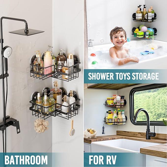 TAILI 2 Pack Corner-adaptive Suction Cup Shower Caddy, Stainless Steel Rustproof Corner Shower Shelves, Large Capacity, Removable Suction Cup Bathroom Organizer, Drill-Free Wall Mounted Baskets, Black - ModernBath