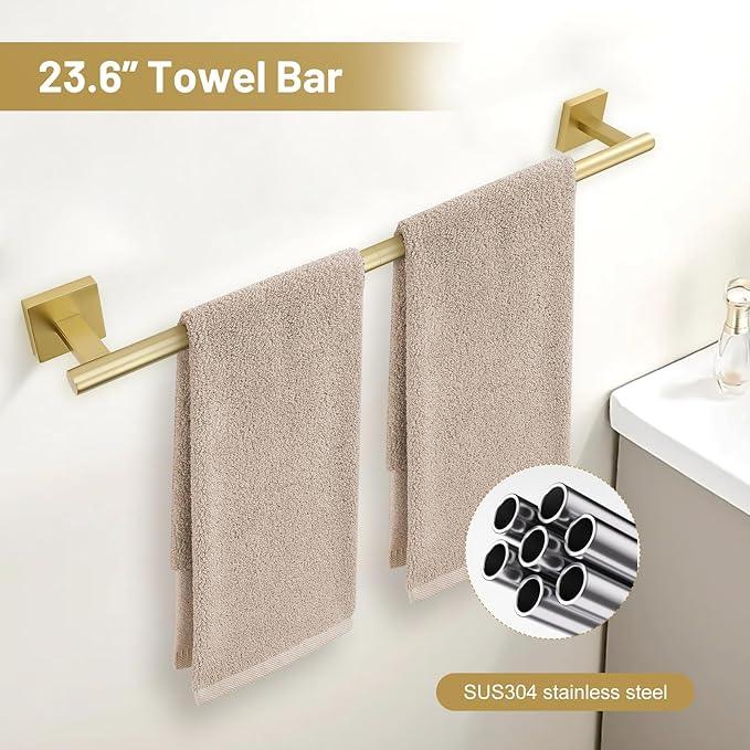 TURS 5-Pieces Brushed Gold Bathroom Hardware Set 23.6 Inch SUS304 Stainless Steel Towel Bar Set Wall Mounted Bathroom Accessories Set - ModernBath
