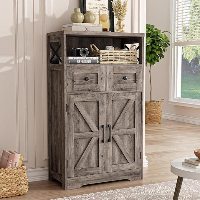Farmhouse Storage Cabinet with Barn Doors and Open Shelf, Kitchen Pantry with Storage, Coffee Bar Station, Freestanding Cupboard Hutch Cabinet for Kitchen, Dinning Room, Livingroom, Grey - ModernBath