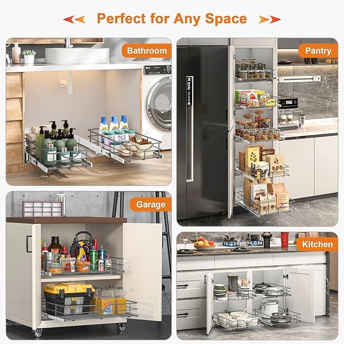 ALINE FURNITURE Pull Out Shelves - 11" W x 22" D Soft Close Pull Out Cabinet Organizer 1 Tier - Slide Out Drawers with Shelf Liner, Heavy Duty Steel Wire Baskets for Kitchen Cabinets, Pantry, Bathroom - ModernBath
