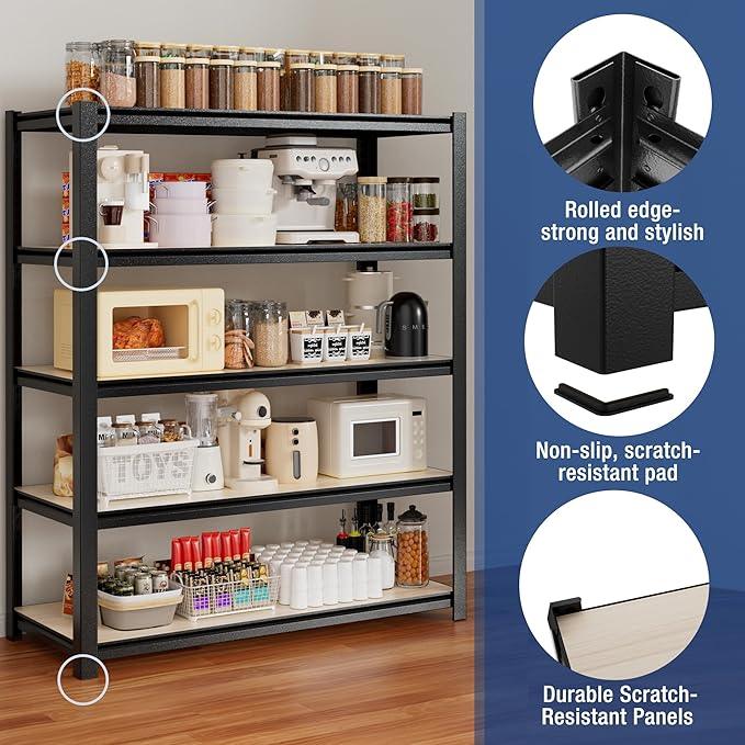 WORKPRO House 5-Tier Shelving Unit, Adjustable Heavy Duty Storage Shelves, Wood Grain Pattern, Waterproof Board, 3000lbs Boltless Shelving for Kitchen, Living Room, Garage, 48"W x 24"D x 72"H, Black - ModernBath