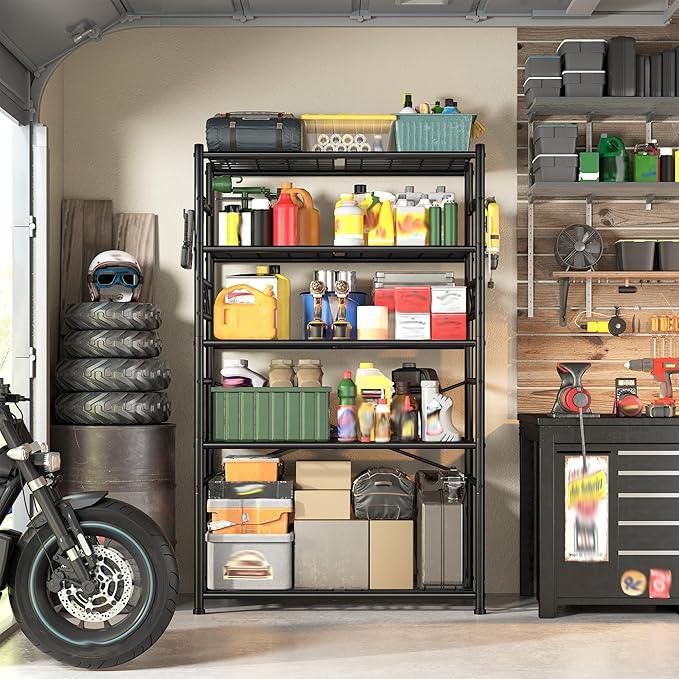 Storage Shelves 5-Tier Large Capacity Wire Shelving with Hooks, Heavy Duty Garage Shelving Unit with Leveling Feet, Stable Metal Shelf for Pantry, Kitchen and Closet, 72" H x 36" W x 12" D, Black - ModernBath