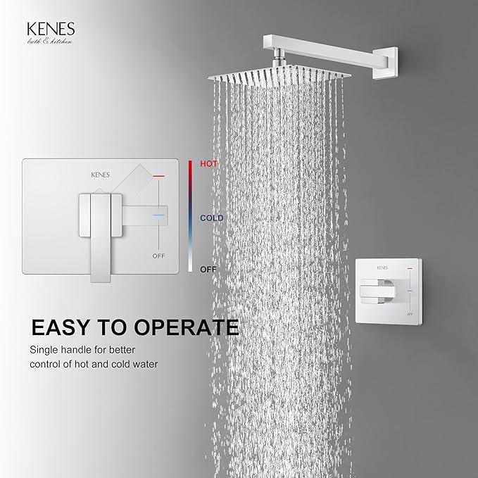 KENES Modern Polished Chrome 10-Inch Shower Head and Handle Set, Square Shower Faucet Set Bathroom Rainfall Shower System, KE-6024B-5 (Shower Valve Included) - ModernBath