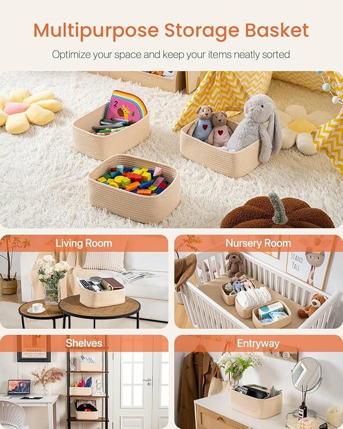 Small Woven Basket, 12 x 8 x 4.5 Inches, Storage Basket for Organizing, Cute Small Rope Shelf Closet Cube Storage Bins Baskets for Shelves, Dog Toy Gift Baskets Empty, 3 Packs, Beige - ModernBath